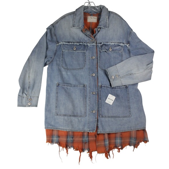 We The Free Jackets & Blazers - NWT Free People We The Free Denim Plaid Layered Shacket Jacket Boho L